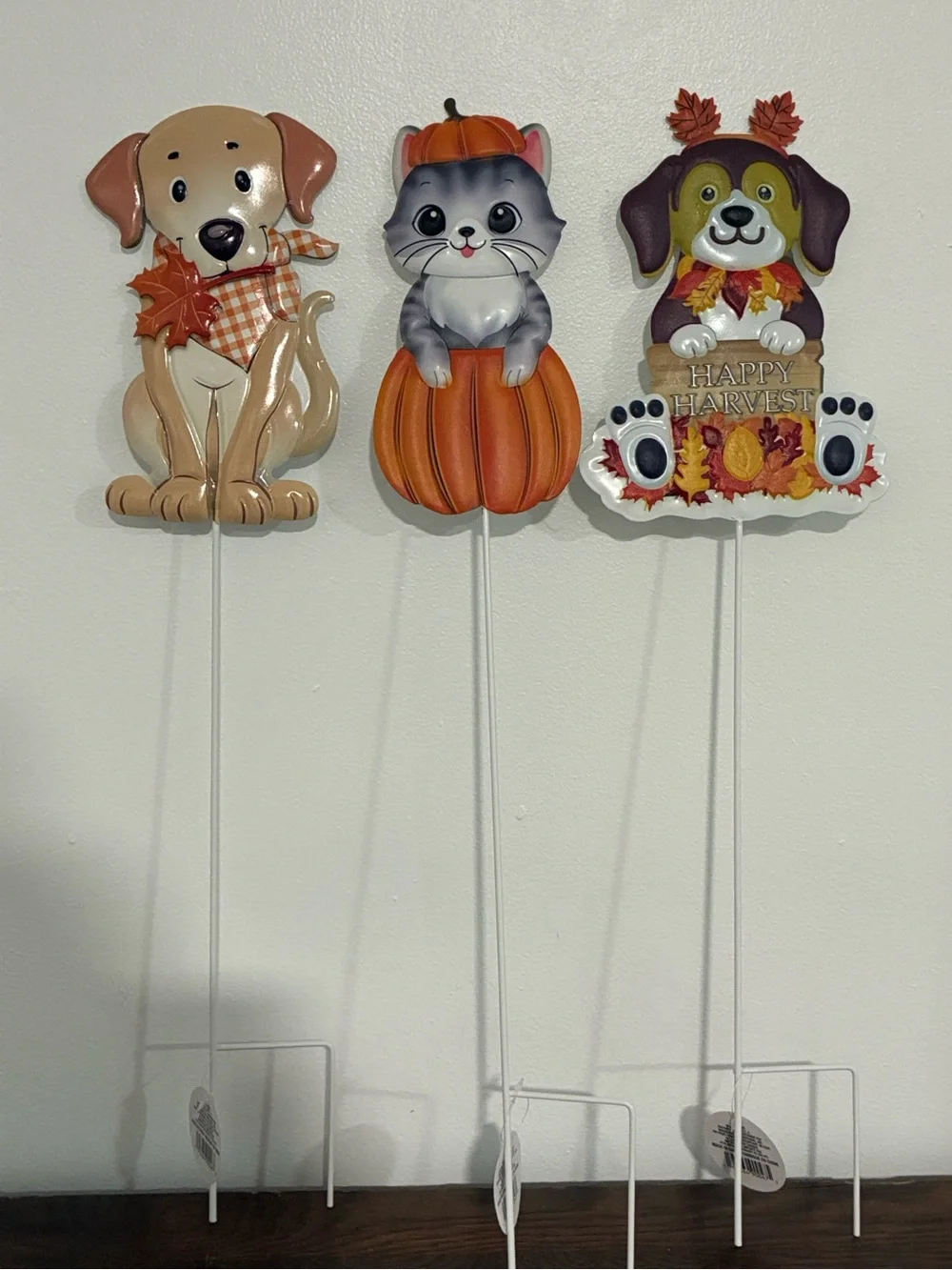 NWT- Set of 3- Adorable Fall Harvest Theme- Dog & Cat Metal Yard Stakes